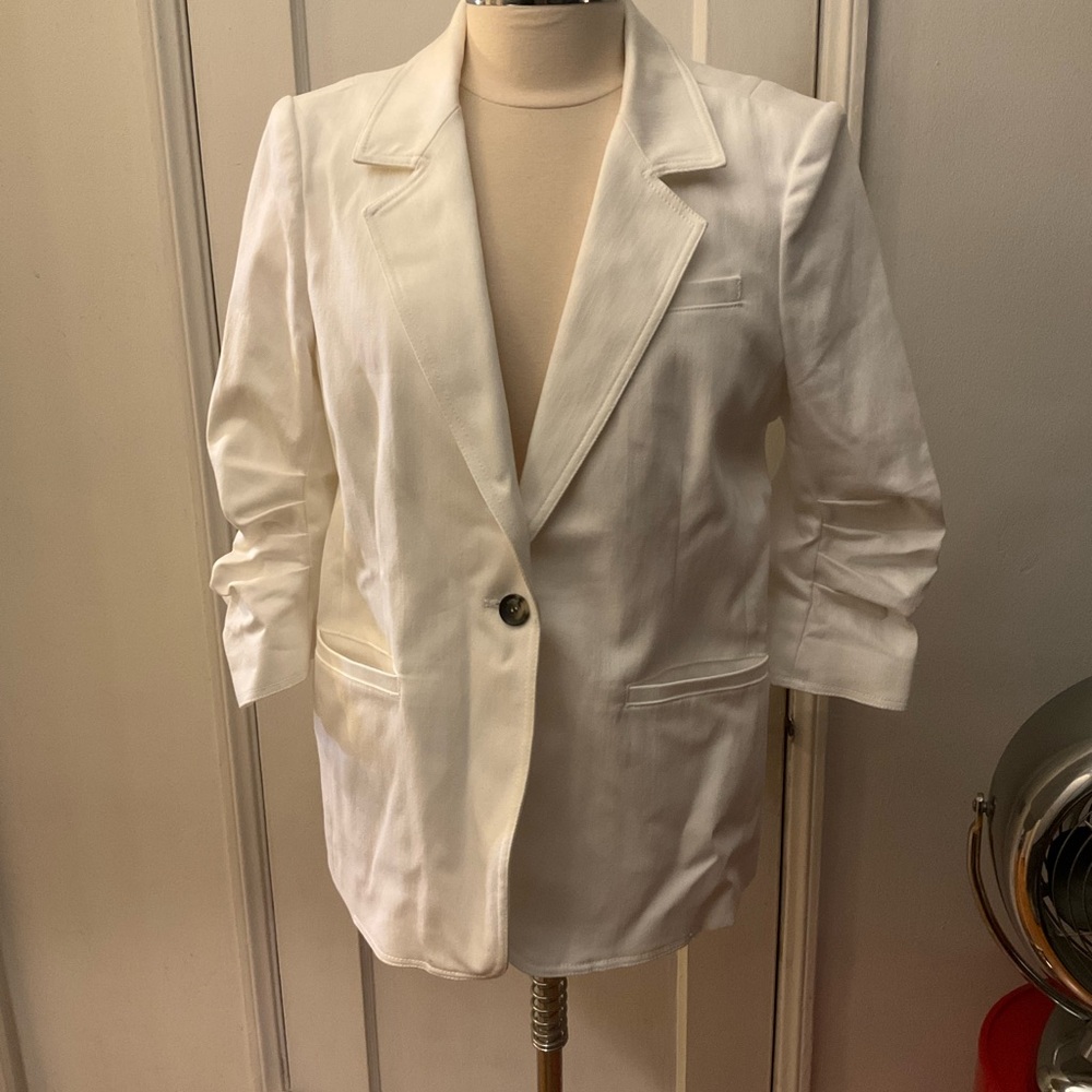 Cinq à Sept Khloe Ruched-Cuff Cotton Blazer Jacket White 16